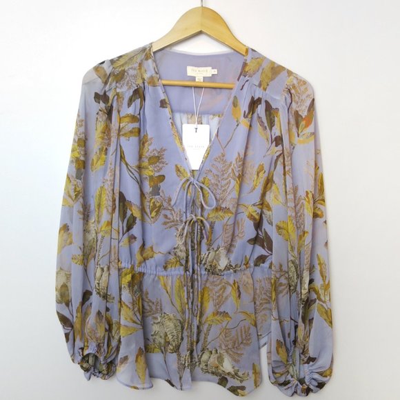 Ted Baker Floral Tie Front Blouse in Lilac Size 3 (US 8) - Picture 6 of 11